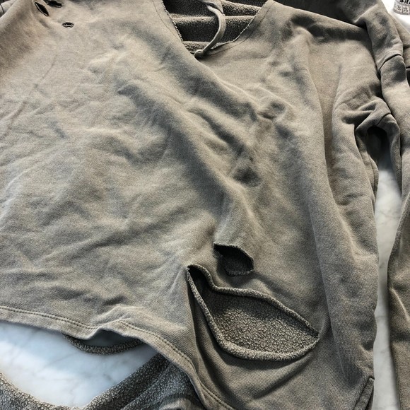 Distressed Mono B Olive Grey Taupe 100% Cotton One Size Oversize Hoodie Sweater - Picture 12 of 13